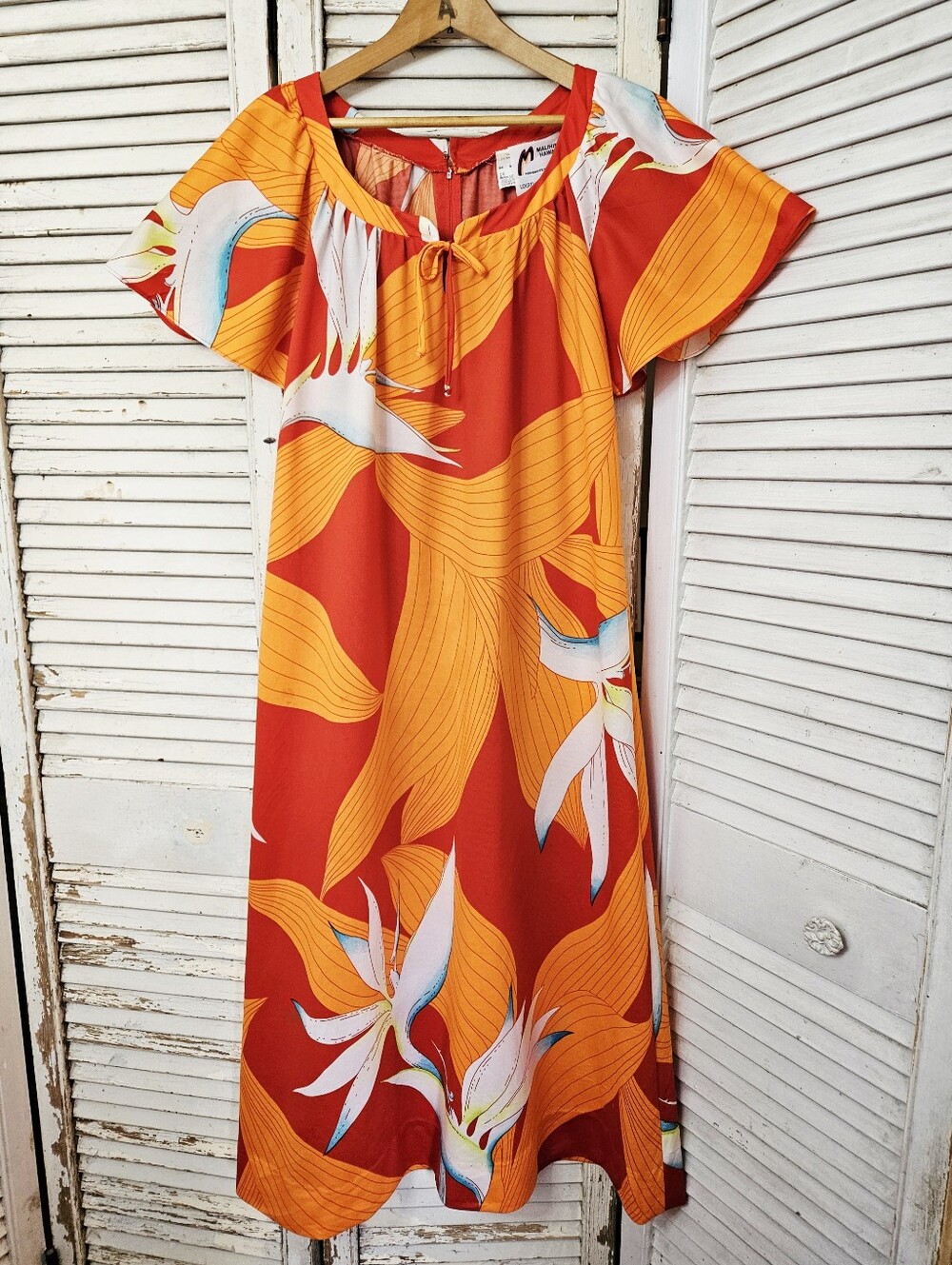 Vintage 70s Hawaiian Birds Of Paradise Maxi Dress Red & Orange Medium/Large